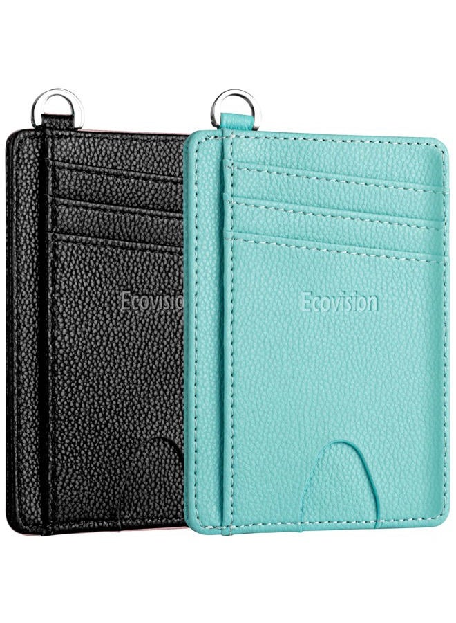 EcoVision Slim Minimalist Front Pocket Wallet, RFID Blocking Credit Card Holder Wallet with Detachable D-Shackle for Men Women, Litchi Black & Ocean Blue, S, Minimalist - Image 1