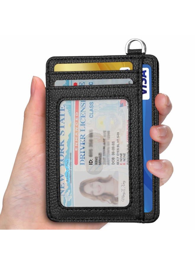 EcoVision Slim Minimalist Front Pocket Wallet, RFID Blocking Credit Card Holder Wallet with Detachable D-Shackle for Men Women, Litchi Black & Ocean Blue, S, Minimalist - Image 2
