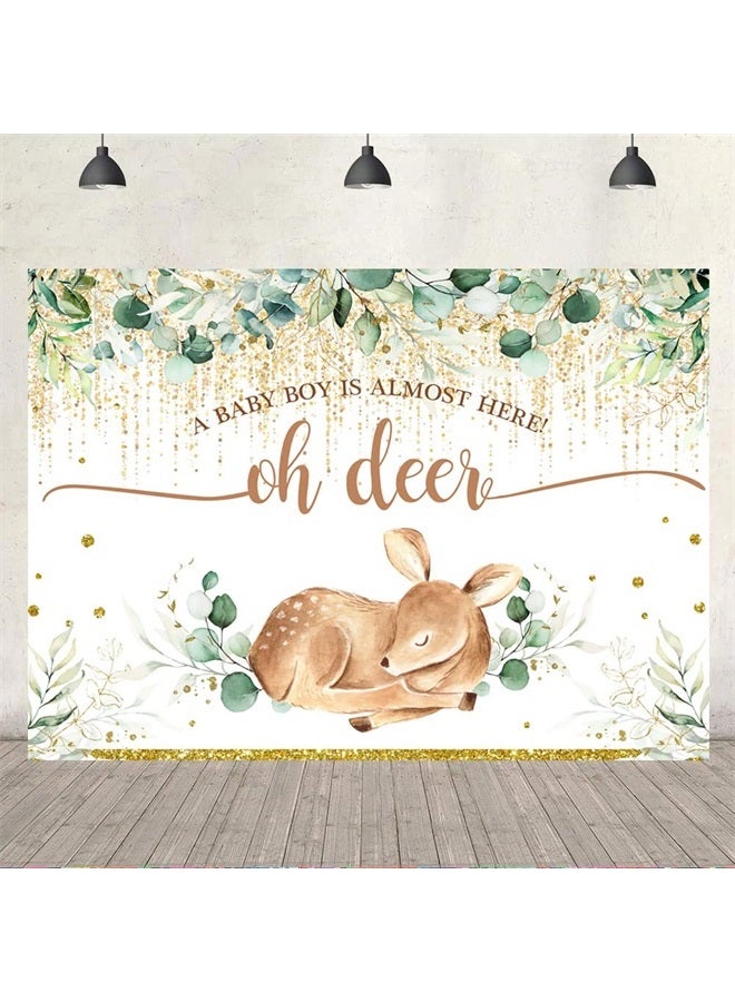 7x5ft Oh Deer A Baby Boy is Almost Here Baby Shower Backdrop for Photography Green Leaves Babyshower Backdrops Glitter Gold Newborn Kids Birthday Decorations Oh Baby Background