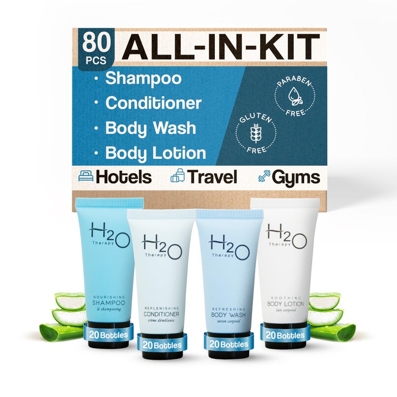Terra Pure H2O Therapy Hotel Soaps  Toiletries Bulk Set  1Shoppe Amenities Kit  085oz Shampoo  Conditioner Body Wash Lotion  Travel Size  80 Pieces
