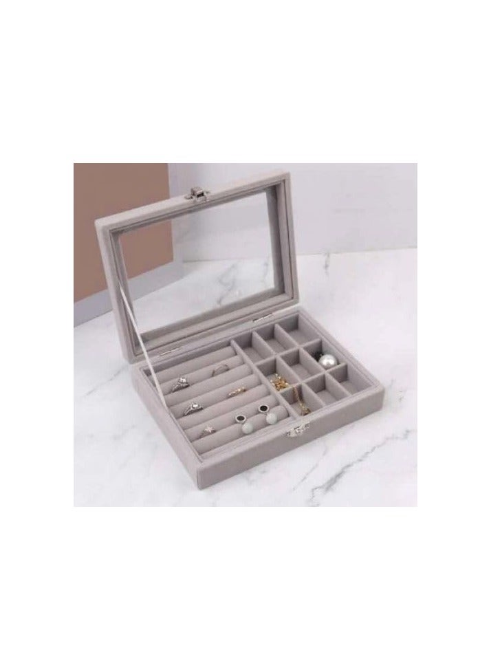 Elegant Velvet Glass Jewelry Box - Portable Ring and Earring Organizer, Small Travel Case for Rings, Necklaces, Bracelets, Elegant Jewelry Storage for Women's Gifts (Grey) - Image 1