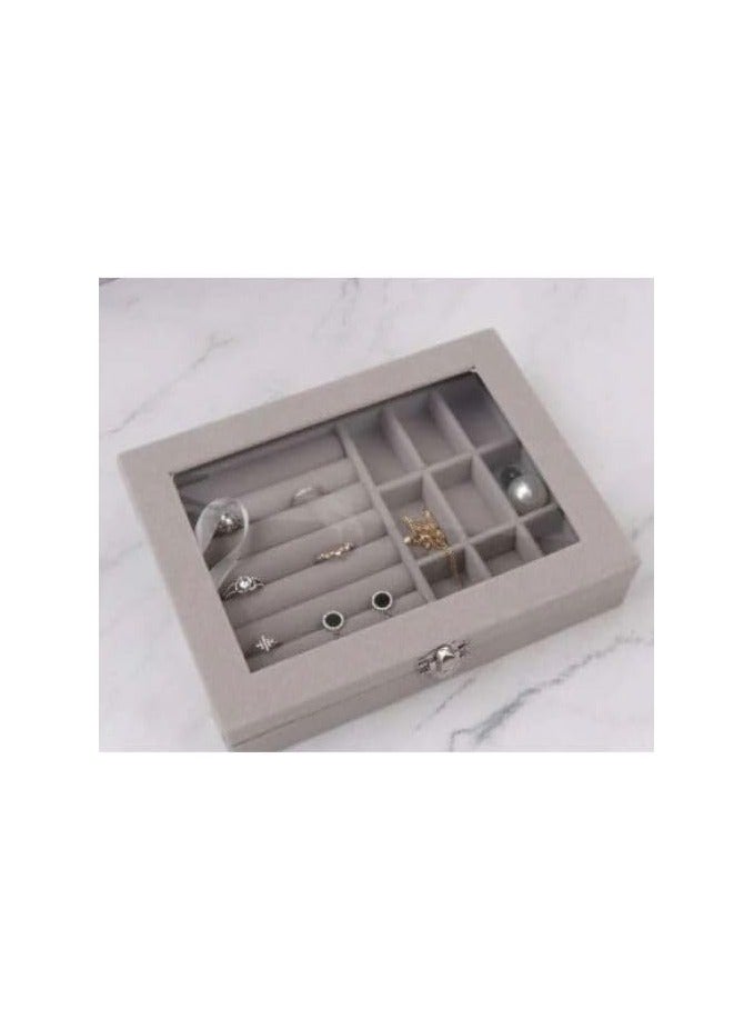 Elegant Velvet Glass Jewelry Box - Portable Ring and Earring Organizer, Small Travel Case for Rings, Necklaces, Bracelets, Elegant Jewelry Storage for Women's Gifts (Grey) - Image 4