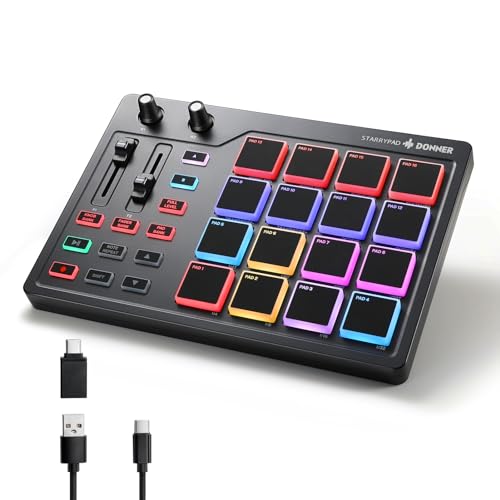 Donner MIDI Pad Beat Maker Machine Professional, Drum Machine with 16 Beat Pads, 2 Assignable Fader & Knobs and Music Production Software, USB MIDI Controller with 40 Courses, STARRYPAD - Image 1