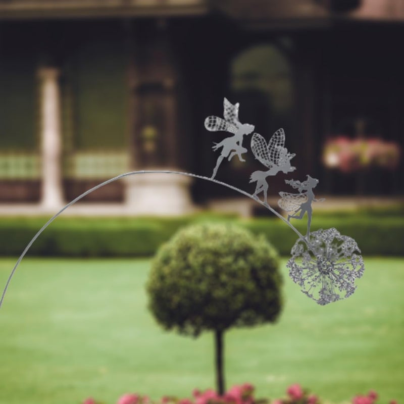 Fcteap Flower Fairy Dancing with Dandelion Garden Art Sculpture Stainless Steel Statue Christmas Halloween Decoration for Outdoor Yard Courtyard Lawn Patio Metal Ornaments (Three Persons) - Image 1
