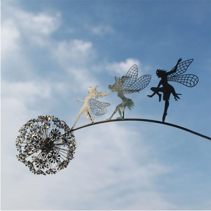 Fcteap Flower Fairy Dancing with Dandelion Garden Art Sculpture Stainless Steel Statue Christmas Halloween Decoration for Outdoor Yard Courtyard Lawn Patio Metal Ornaments (Three Persons) - Image 3