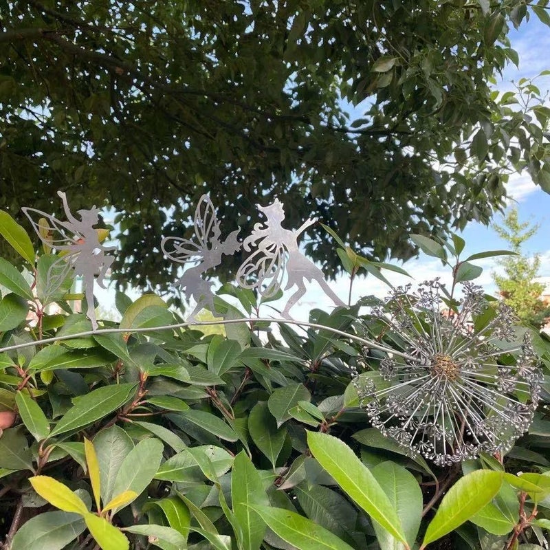 Fcteap Flower Fairy Dancing with Dandelion Garden Art Sculpture Stainless Steel Statue Christmas Halloween Decoration for Outdoor Yard Courtyard Lawn Patio Metal Ornaments (Three Persons) - Image 4