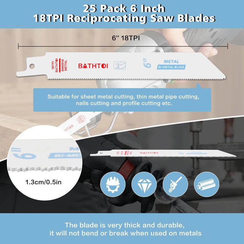 BATHTOI 25 Pack 6 Inch 18 Tpi Reciprocating Saw Blades for Sheet Metal, Pipes, Nails Cutting, Profiles Cutting, Bi-Metal Sawzall Blades with 8% Cobalt for Longer Life and Faster Cutting Speed - Image 5
