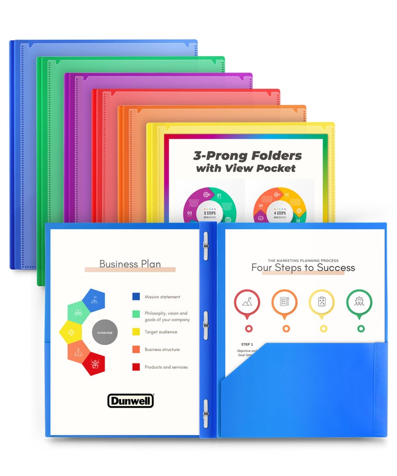 Dunwell 2-Pocket 3-Prong Folders with Clear Front View Pocket, 6 Vibrant Colors, Durable Acid-Free Poly Plastic, 3-Hole Binders with Brads and Pockets, Include Labels - Image 1