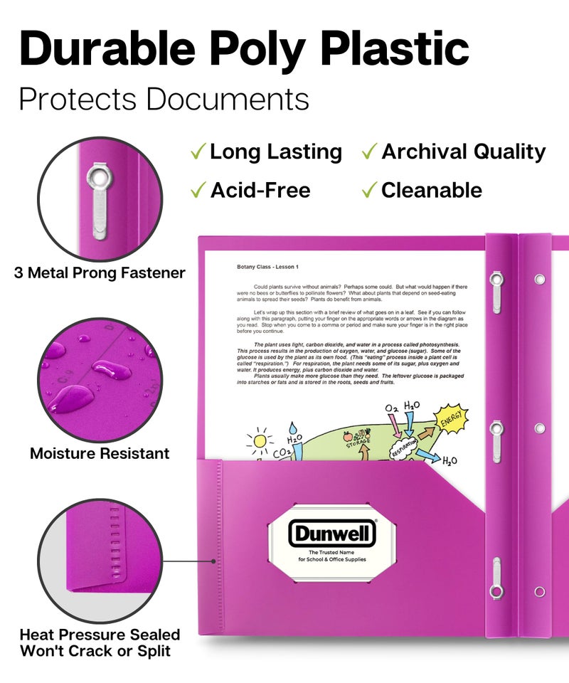 Dunwell 2-Pocket 3-Prong Folders with Clear Front View Pocket, 6 Vibrant Colors, Durable Acid-Free Poly Plastic, 3-Hole Binders with Brads and Pockets, Include Labels - Image 2