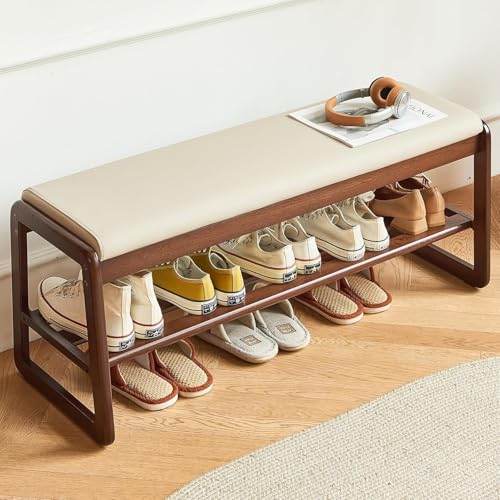 Md Decor Mid-Century Elegant Wooden Shoe Bench with Padded Seat – 2-Tier Shoe Rack for Entryway, Living Room, or Bedroom – Durable and Stylish Storage Solution (39.5) - Image 1