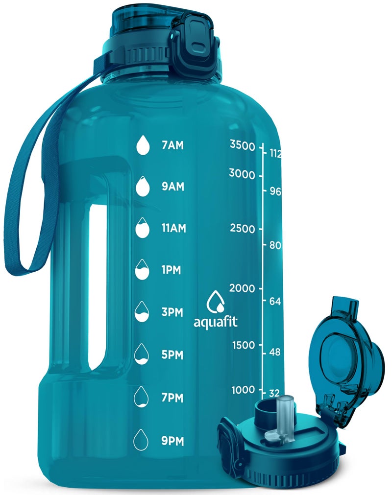 AQUAFIT 1 Gallon Time Marker Water Bottle  128 oz Gym Jug Straw Big Large Aqua BPA Free
