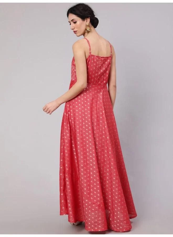 AKS Red Woven Design Flared Maxi Dress