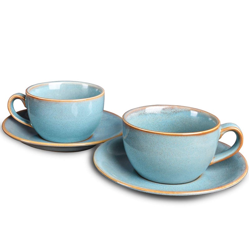 Bosmarlin Ceramic Coffee Cup Mug with Saucer Set of 2 for Latte Cappuccino Tea 85 Oz Dishwasher and Microwave SafeLake blue 2