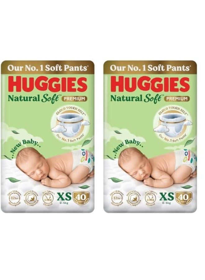 Huggies Natural Soft Premium Baby Diaper Pants, Our No.1 Soft Pants, Newborn/Extra Small (XS) Size (0-5 Kgs), Pack of 40*2 | Cloud Softness All over with India's 1st Cloud Touch Belt - Image 1