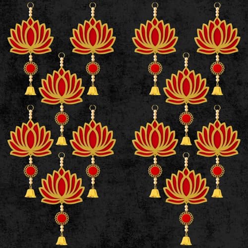 ARLICORPING Wooden Lotus Wall Hanging for Festive Decoration – Diwali, Ganpati, Pooja Room, Mandir, Living Room, Door, Hall, Entrance, Spiritual Decor (Lotus + Bell-Red, Pack of 12) - Image 1
