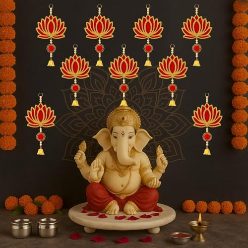 ARLICORPING Wooden Lotus Wall Hanging for Festive Decoration – Diwali, Ganpati, Pooja Room, Mandir, Living Room, Door, Hall, Entrance, Spiritual Decor (Lotus + Bell-Red, Pack of 12) - Image 2