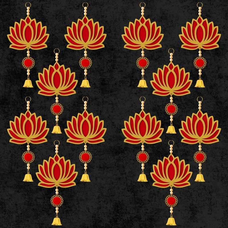 ARLICORPING Wooden Lotus Wall Hanging for Festive Decoration – Diwali, Ganpati, Pooja Room, Mandir, Living Room, Door, Hall, Entrance, Spiritual Decor (Lotus + Bell-Red, Pack of 12) - Image 5