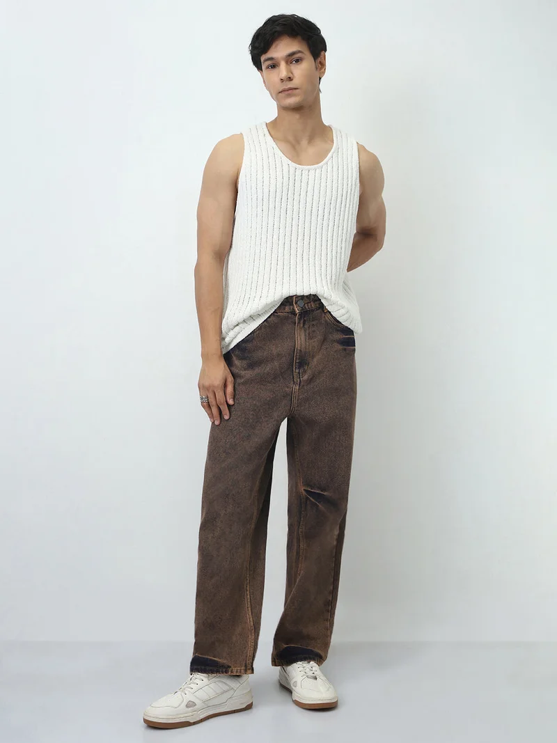 Urbano Fashion  Urbano Fashion Men's Light Brown Loose Baggy Fit Washed Jeans Non-Stretchable  | Best Price UAE