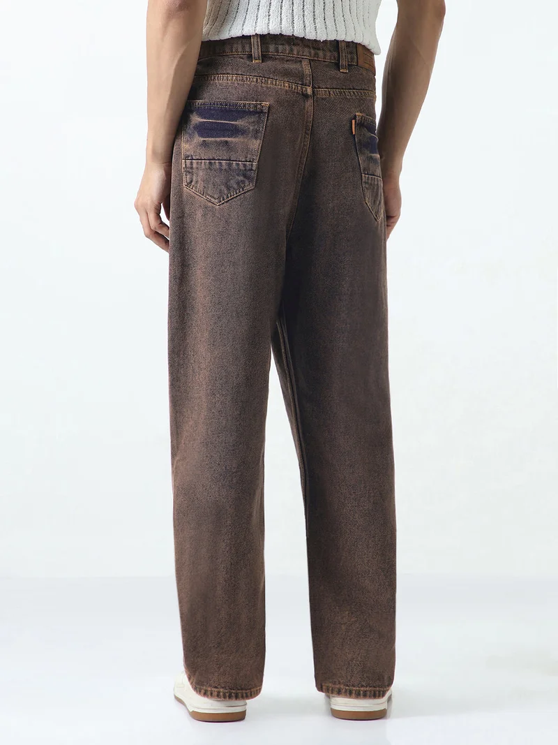 Urbano Fashion  Urbano Fashion Men's Light Brown Loose Baggy Fit Washed Jeans Non-Stretchable  | Best Price UAE