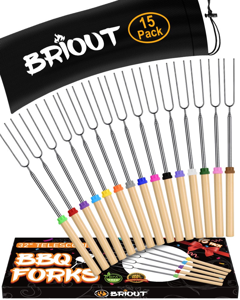 Briout Extendable Stainless Steel Roasting Sticks Smores Sticks for Fire Pit Long 32 Inch Smore Skewers Hot Dog Fork Campfire Accessories Camping Essentials for Smores 15 Pack - Image 2