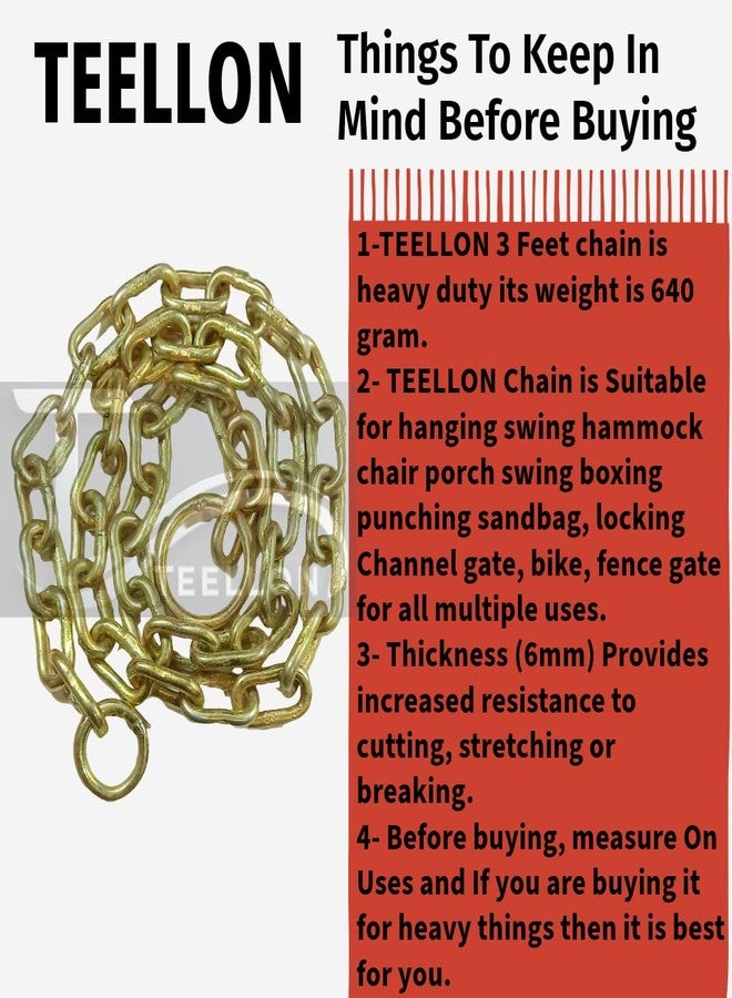 TEELLON 3-Feet (6mm) Heavy Duty Strong Metal Chain for Locking Door Channel gate Fence, Swing Chain for Hanging Swing Hammock Chair Punching Bags Multipurpose Uses Weight Up to 400 KG.(Golden-1Pcs) - Image 4