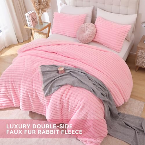 Smoofy Fluffy Queen Comforter Set 3 Pieces - Pink Fleece Fluffy Comforter Set, Luxury Fuzzy Queen Bedding Set, Soft Warm Bed Set All Season, Heavy Faux Fur Comforter with 2 Pillow Cases - Image 4