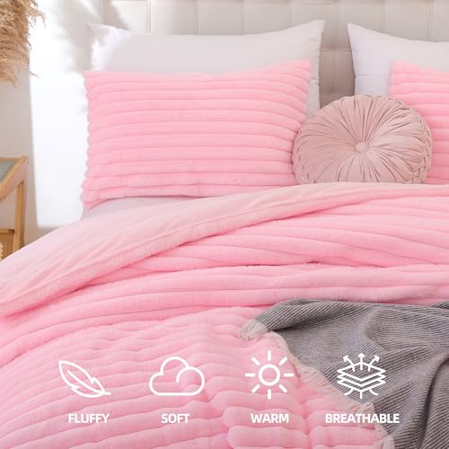 Smoofy Fluffy Queen Comforter Set 3 Pieces - Pink Fleece Fluffy Comforter Set, Luxury Fuzzy Queen Bedding Set, Soft Warm Bed Set All Season, Heavy Faux Fur Comforter with 2 Pillow Cases - Image 2