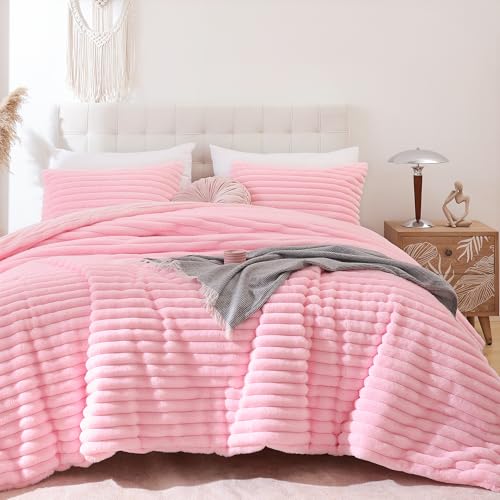 Smoofy Fluffy Queen Comforter Set 3 Pieces - Pink Fleece Fluffy Comforter Set, Luxury Fuzzy Queen Bedding Set, Soft Warm Bed Set All Season, Heavy Faux Fur Comforter with 2 Pillow Cases - Image 1