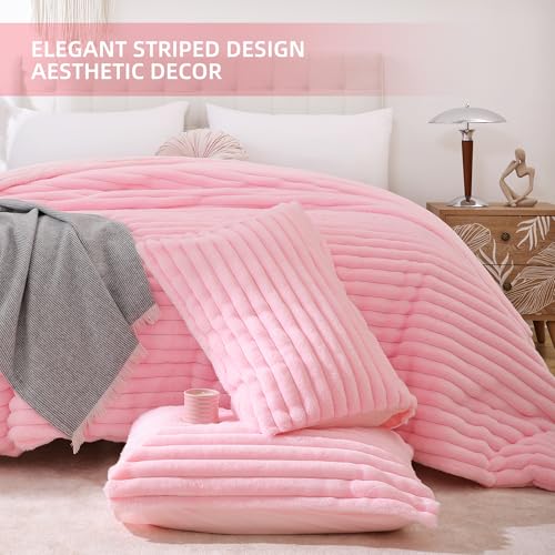 Smoofy Fluffy Queen Comforter Set 3 Pieces - Pink Fleece Fluffy Comforter Set, Luxury Fuzzy Queen Bedding Set, Soft Warm Bed Set All Season, Heavy Faux Fur Comforter with 2 Pillow Cases - Image 3