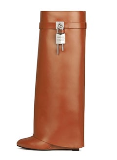 Loquat Women's Stylish Fold Over Knee High Boots Pointed Toe Wedge Heels Long Boots Brown 