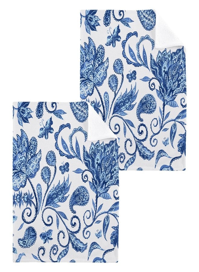 WELLDAY Blue White Floral Washcloths, 2 Pack 12 X 12 Inches Cotton Wash Cloths, Highly Absorbent and Soft Face Towels for Bathroom,Gym,Hotel and Spa - Image 1
