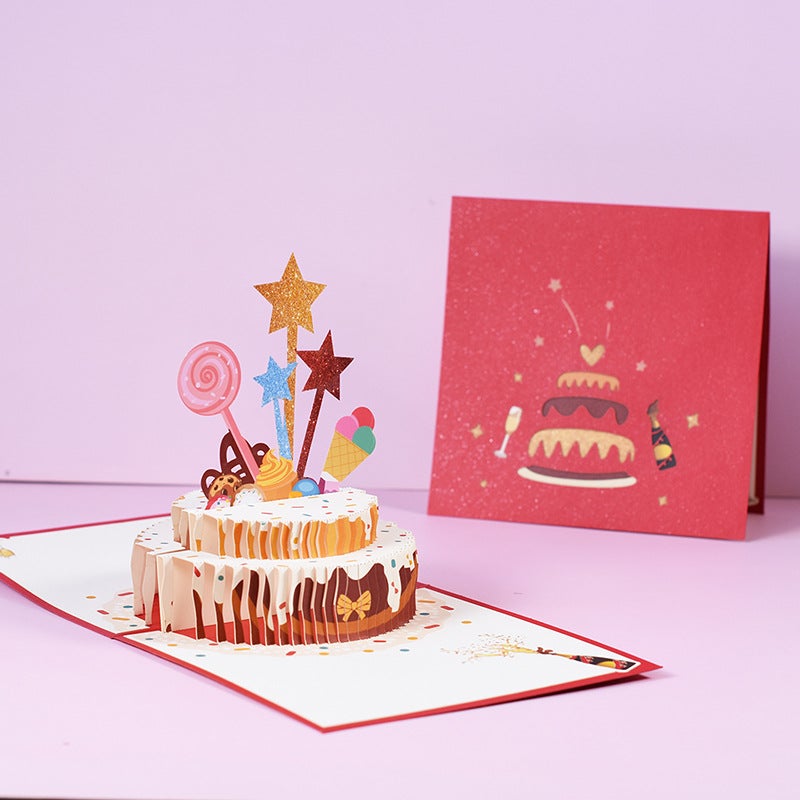Creative Wedding Employee Anniversary Greeting Card 3D Three-Dimensional Birthday Card Handmade Paper Carving Star Cake Card - Image 1