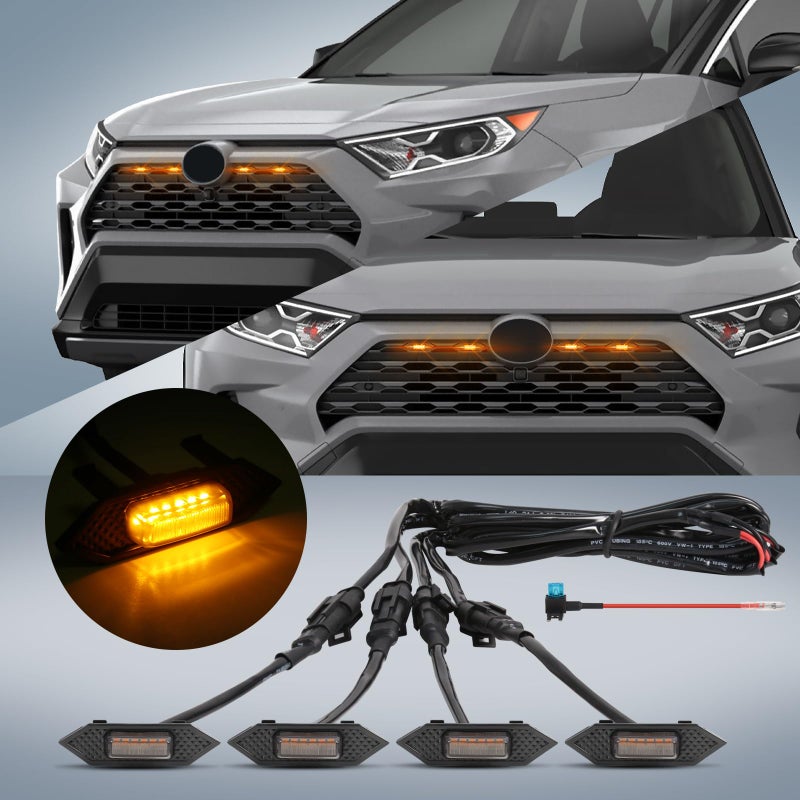 أضواء الشبكة FICOLPO 4 قطع متوافقة مع RAV4 هايبرد 2019 2020 2021 2022 2023 2024 LE XLE XLE بريميوم SE XSE ليمتد مع ملحقات أضواء الشبكة الأمامية LED مع الحزام والفيوز أمبر