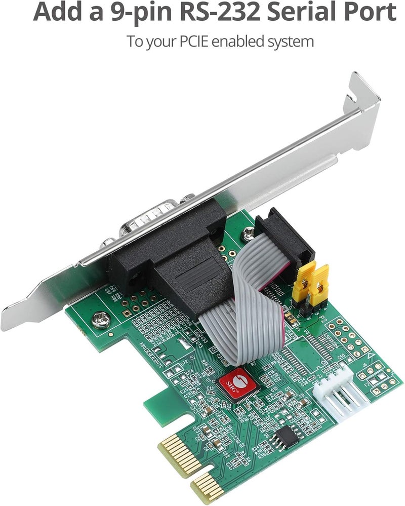 SIIG Single Serial PCIe Card Adapter, 16650 UART, Baud Rates up to 250Kbps, PCIe 2.0 x1 to 1x RS-232 Male 9-pin DB9, RS-232 5V or 12V Power, ASIX AX99100 Chipset, Dual-Profile Brackets (JJ-E20611-S1) - Image 3