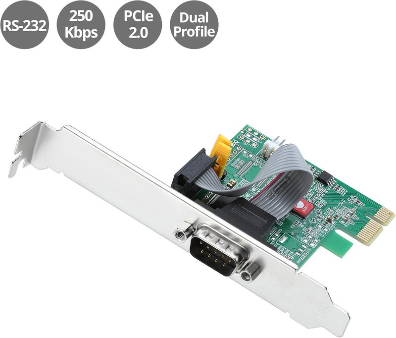 SIIG Single Serial PCIe Card Adapter, 16650 UART, Baud Rates up to 250Kbps, PCIe 2.0 x1 to 1x RS-232 Male 9-pin DB9, RS-232 5V or 12V Power, ASIX AX99100 Chipset, Dual-Profile Brackets (JJ-E20611-S1) - Image 2