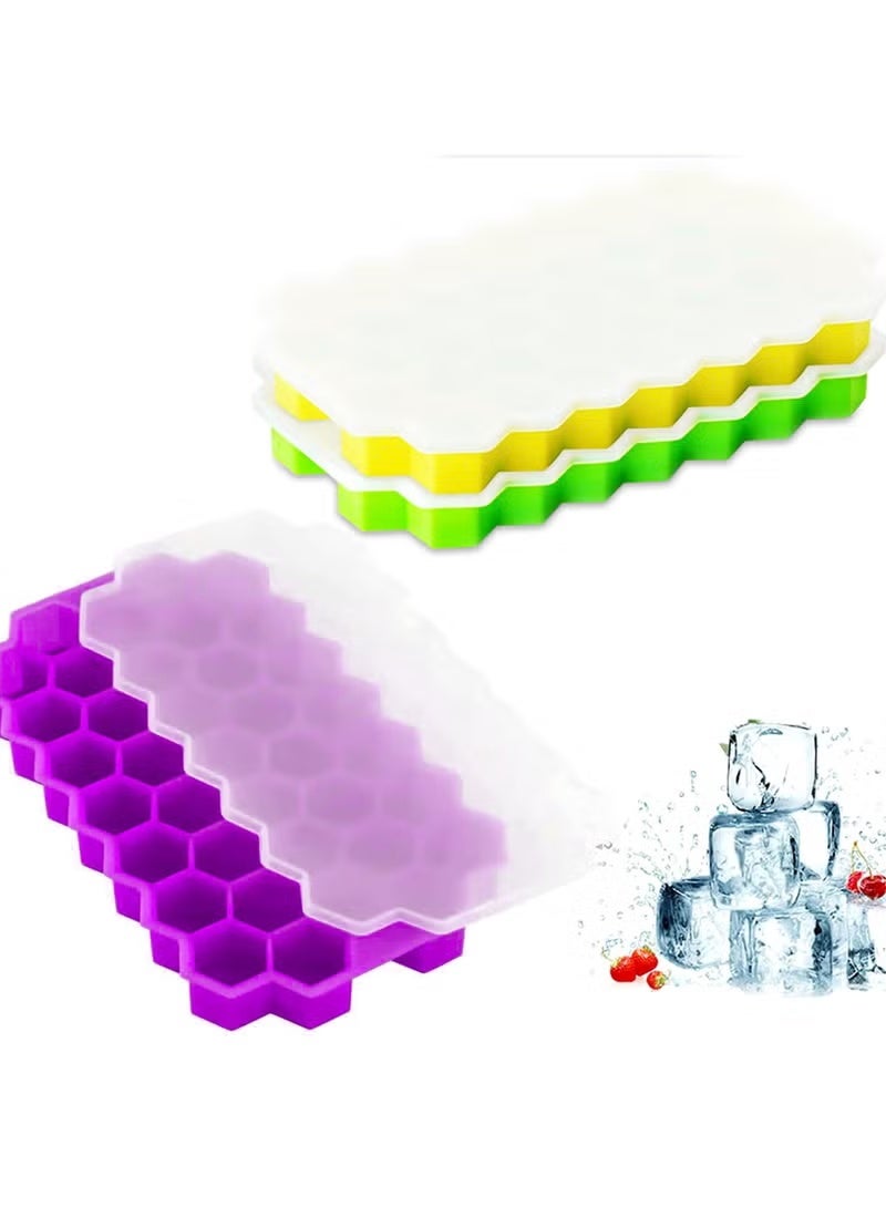 MIGA Honeycomb Reusable Ice Cubes Tray, Bundle (Pack of 3 - Yellow, Green and Purple), Silicone Small Ice Cube Tray with Cover, Honeycomb Ice Ball Mold, Honeycomb Mold for Ice Making - Image 1