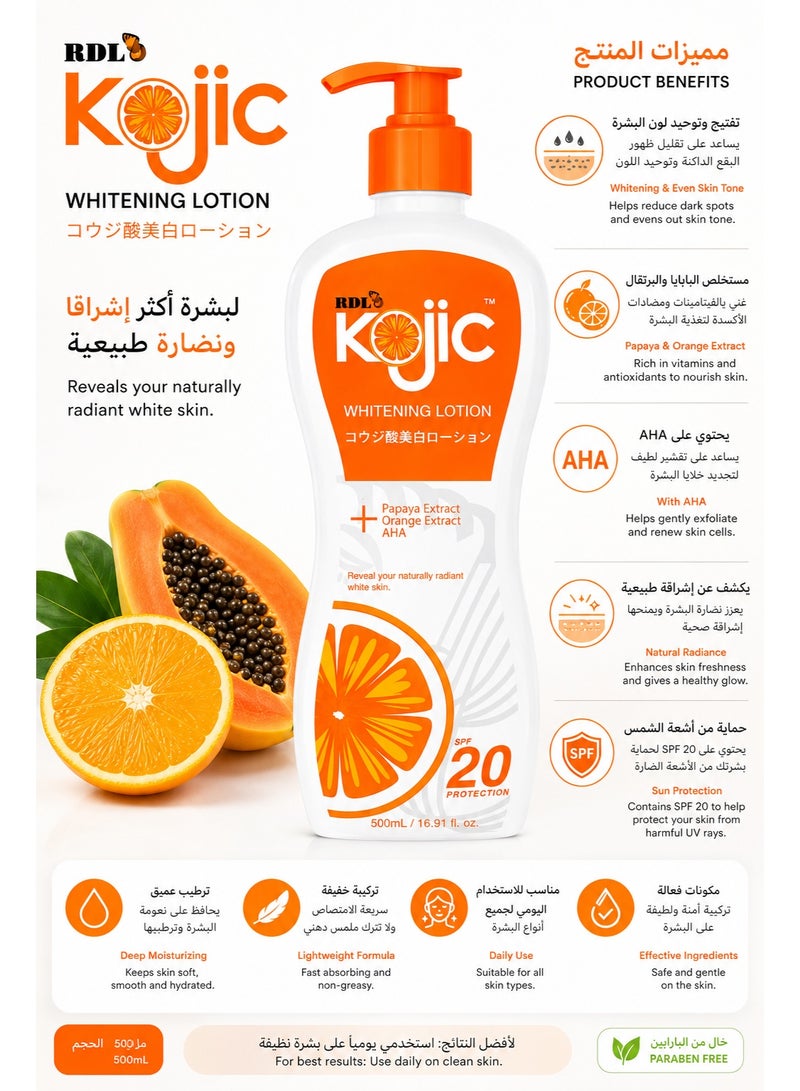 RDL Kojic Whitening Lotion with Papaya & Orange Extract, SPF 20, 500ml - Image 2