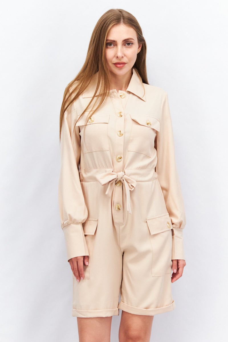 Unique21 Women Textured Long Sleeve Playsuit, Beige - Image 1
