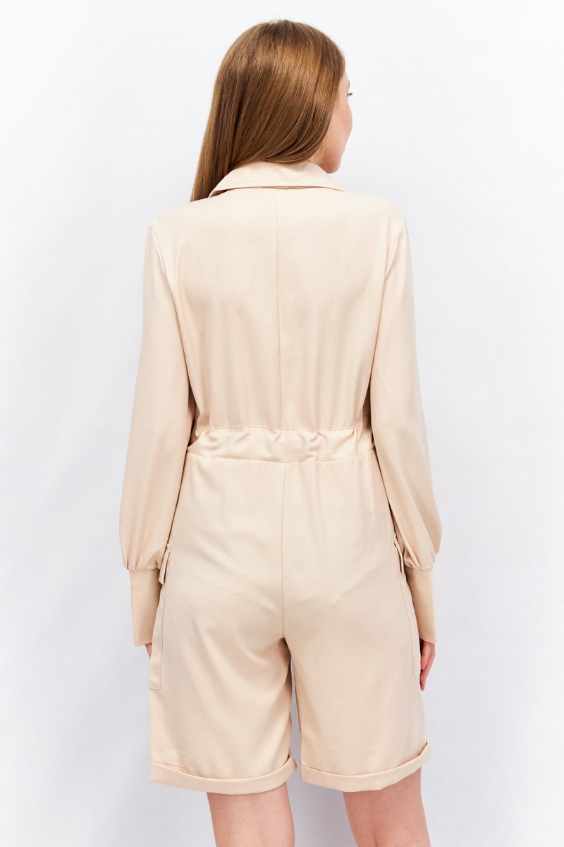 Unique21 Women Textured Long Sleeve Playsuit, Beige - Image 3