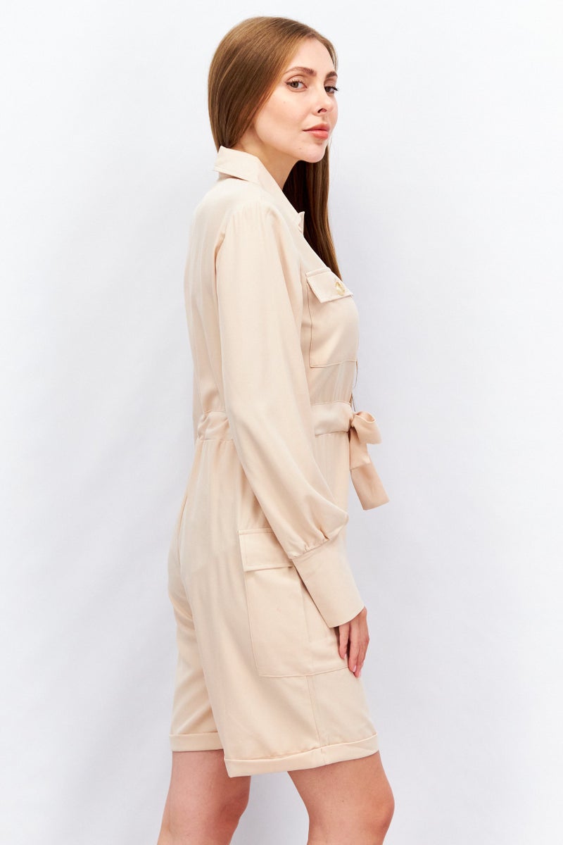 Unique21 Women Textured Long Sleeve Playsuit, Beige - Image 2