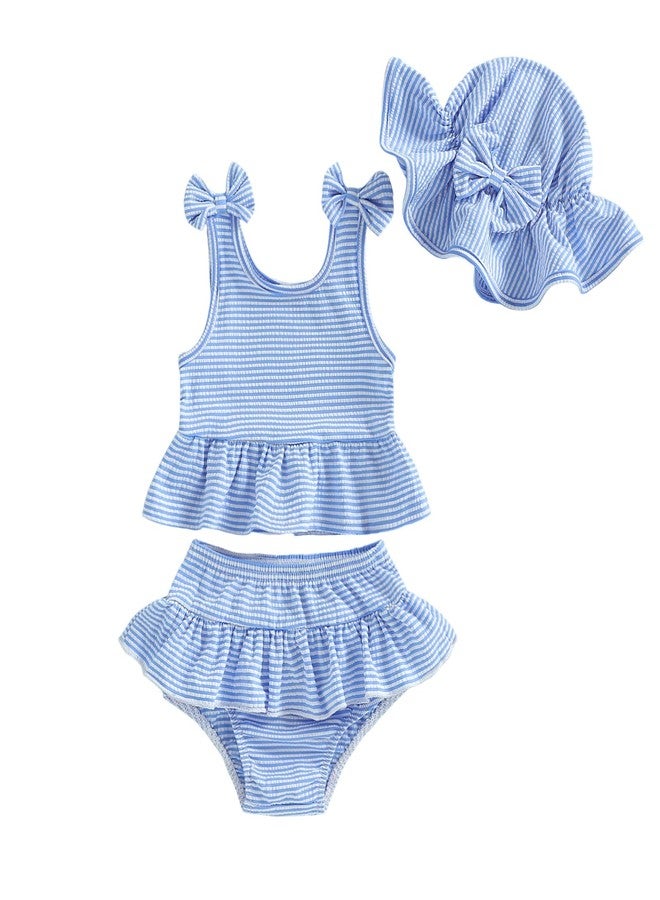 Lucikamy Baby Swimsuit Girl Toddler Bikini Sets Sleeveless Ruffle Striped Bathing Suit Infant Beach Swimwear (Blue, 2-3 Years) - Image 1