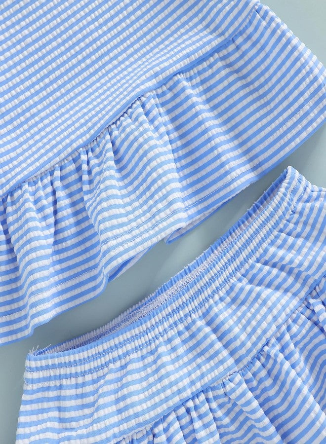 Lucikamy Baby Swimsuit Girl Toddler Bikini Sets Sleeveless Ruffle Striped Bathing Suit Infant Beach Swimwear (Blue, 2-3 Years) - Image 3