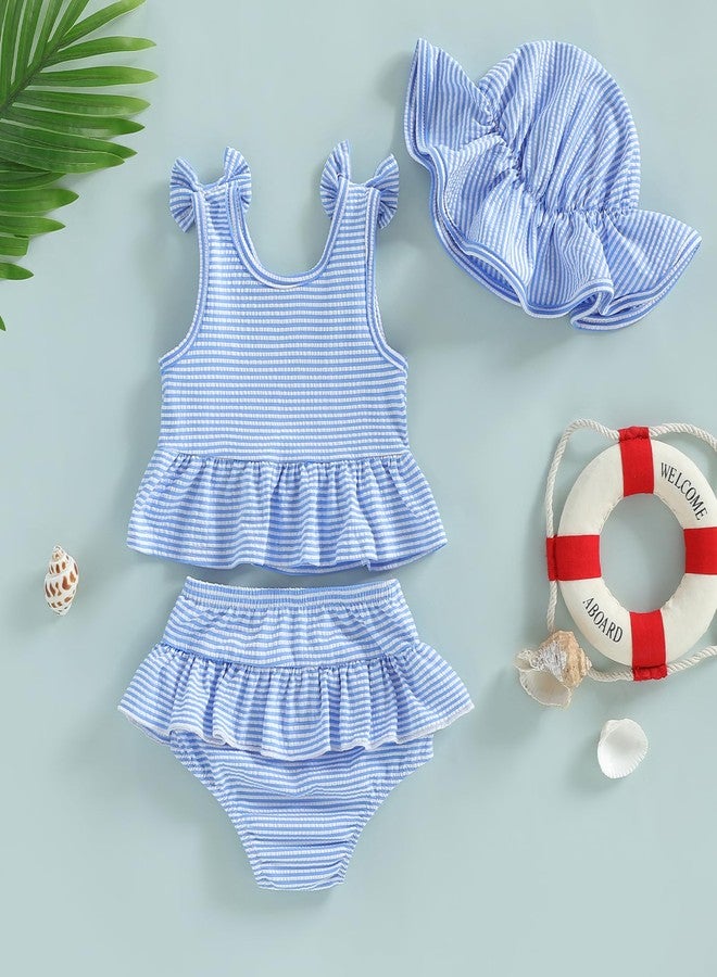 Lucikamy Baby Swimsuit Girl Toddler Bikini Sets Sleeveless Ruffle Striped Bathing Suit Infant Beach Swimwear (Blue, 2-3 Years) - Image 5