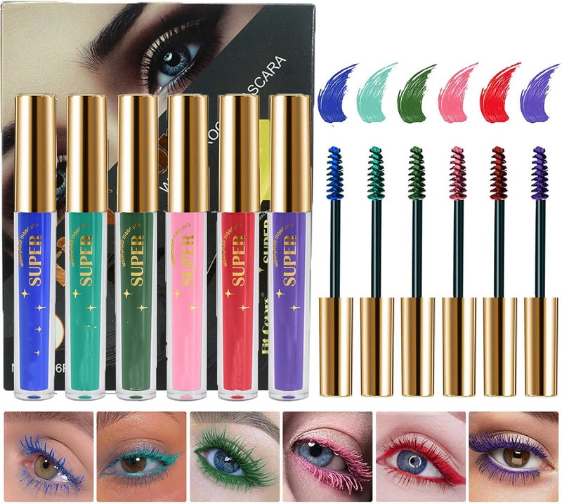 6Pcs Colour Mascara Set Colored Colorful Waterproof Mascara for Eyelashes Set Blue Green Cyan Pink Red Purple Long lasting Charming Voluminous Eye lash Halloween Xmas Make Up Gift