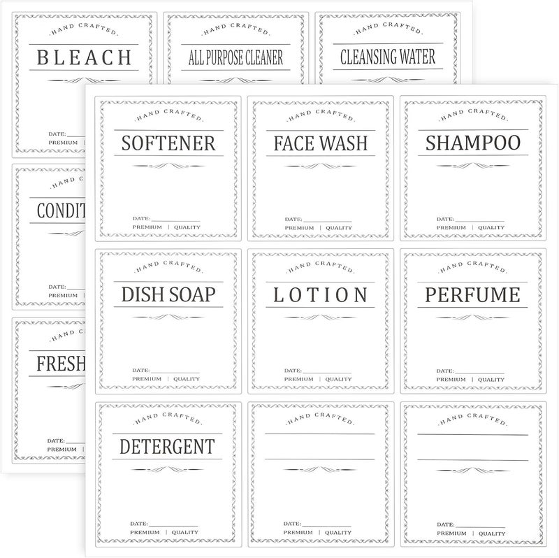 comfrt 108 Pieces Waterproof Laundry Bottle Labels White Removable 18 Kinds Hand Dish Soap Lotion Conditioner Dispenser Cleaning Stickers for Farmhouse Bathroom Kitchen (3 x 3 Inches) - Image 1