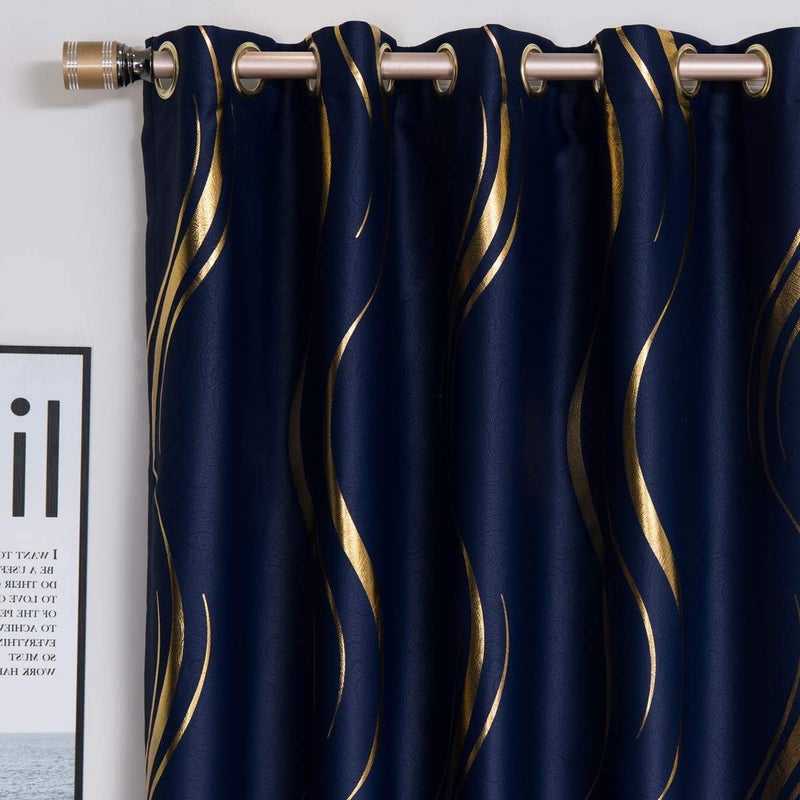 MYRU 1 Pair Blackout Curtains for Bedroom Luxury Striped Curtains for Living Room Navy and Gold 2 x 54 x 96 Inch