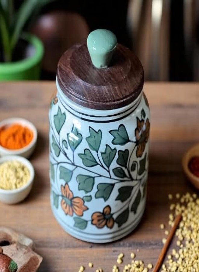 BACKKSPACE RETAIL Air Tight Ceramic Jar Barni with Wooden Lid | Pack of 1 | 480 ml Capacity | Multipurpose Storage - Ideal for Storing Sugar, Spice, Coffee, Pulses, Salt (Green Mughal) - Image 2