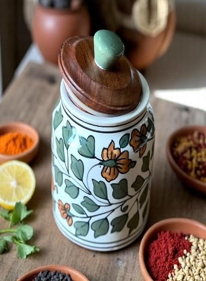 BACKKSPACE RETAIL Air Tight Ceramic Jar Barni with Wooden Lid | Pack of 1 | 480 ml Capacity | Multipurpose Storage - Ideal for Storing Sugar, Spice, Coffee, Pulses, Salt (Green Mughal) - Image 1