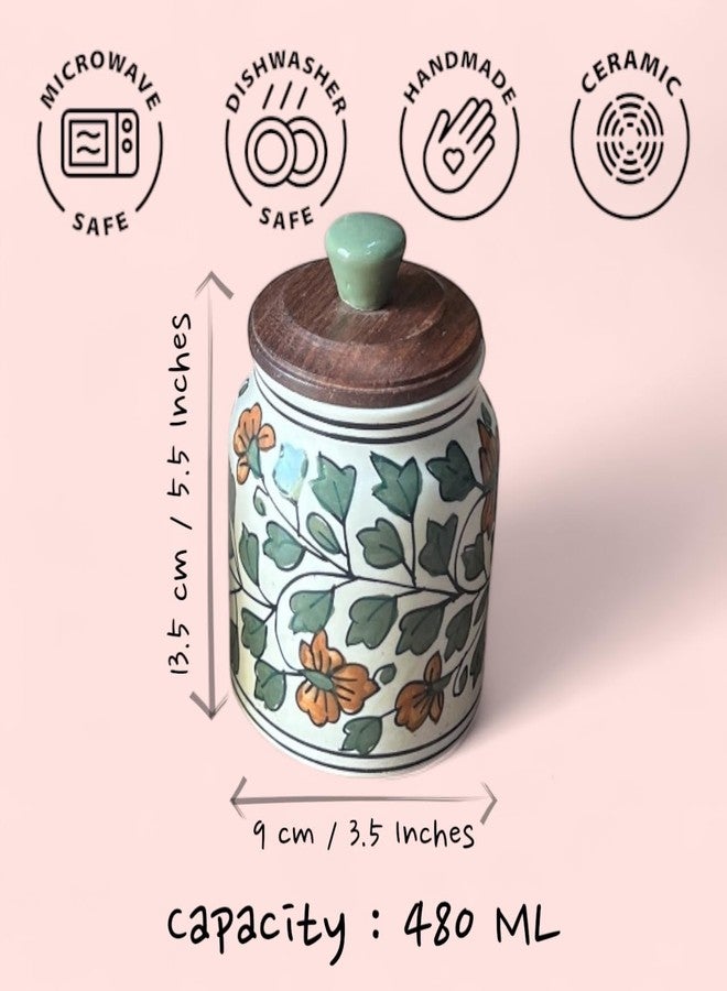 BACKKSPACE RETAIL Air Tight Ceramic Jar Barni with Wooden Lid | Pack of 1 | 480 ml Capacity | Multipurpose Storage - Ideal for Storing Sugar, Spice, Coffee, Pulses, Salt (Green Mughal) - Image 3