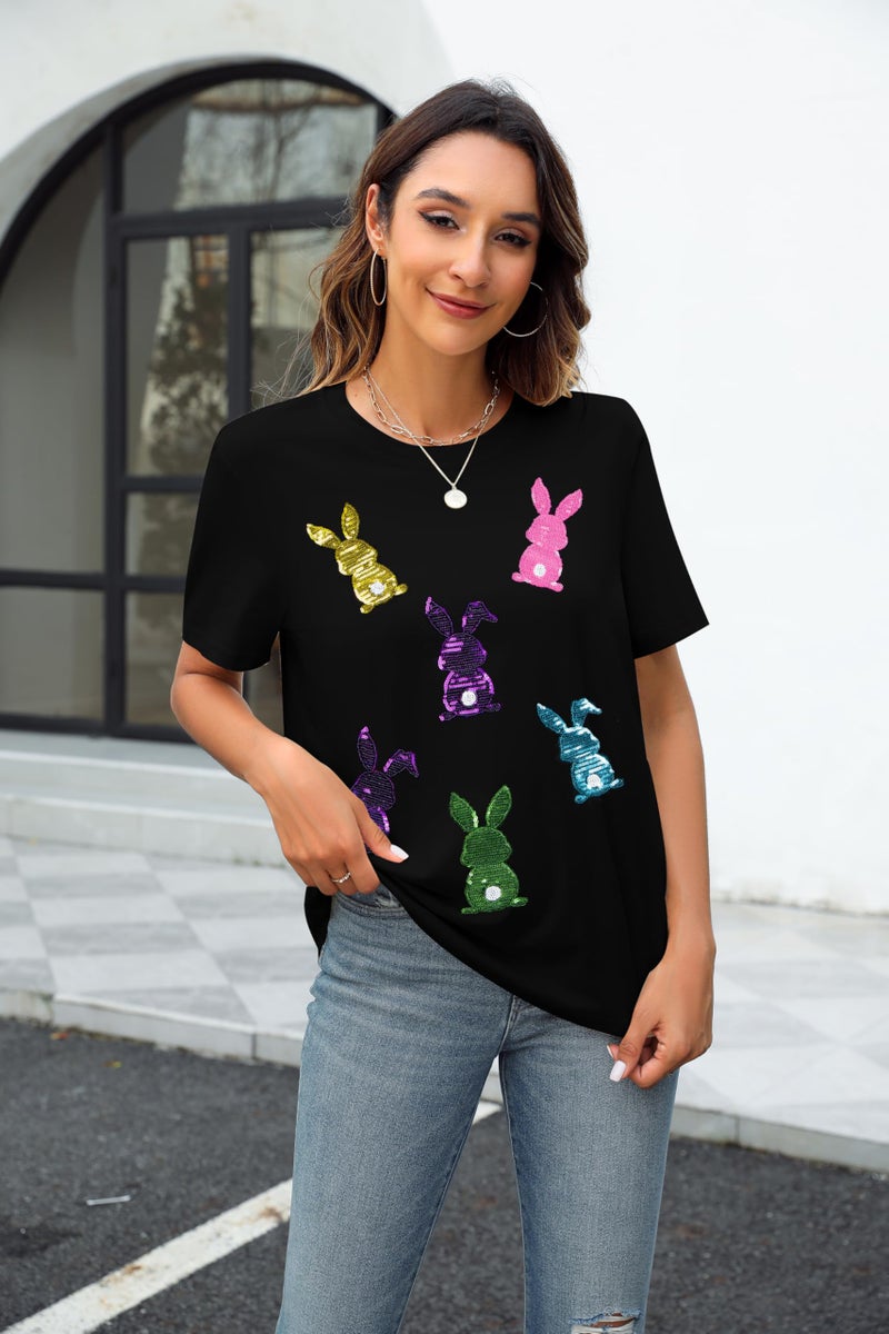MAXIMGR Happy Easter Shirts Women Sequin Bunny Shirt Cute Rabbit Graphic T Shirt Funny Easter Gift Short Sleeve Tee Tops Black - Image 2